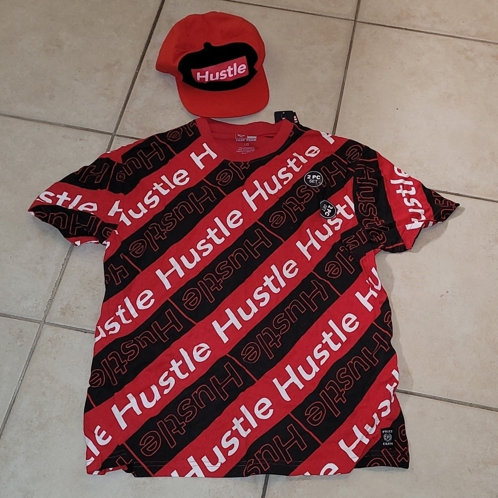 Phat Farm Kids Hustle Red, Black, White Crew Neck Tshirt & Adjustable Hat SZ Med